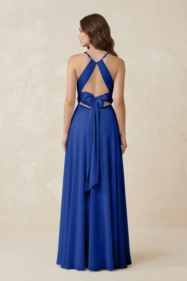 Halter A - Line Chiffon Bridesmaid Dress With Slit in Royal Blue - KissProm Bridesmaid Dresses