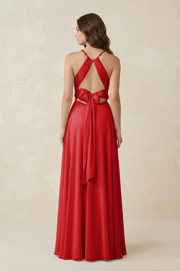 Halter A - Line Chiffon Bridesmaid Dress With Slit in Ruby Red - KissProm Bridesmaid Dresses