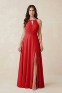 Halter A - Line Chiffon Bridesmaid Dress With Slit in Ruby Red - KissProm Bridesmaid Dresses