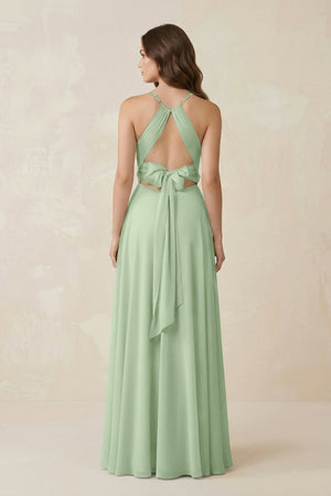 Halter A - Line Chiffon Bridesmaid Dress With Slit in Sage - KissProm Bridesmaid Dresses