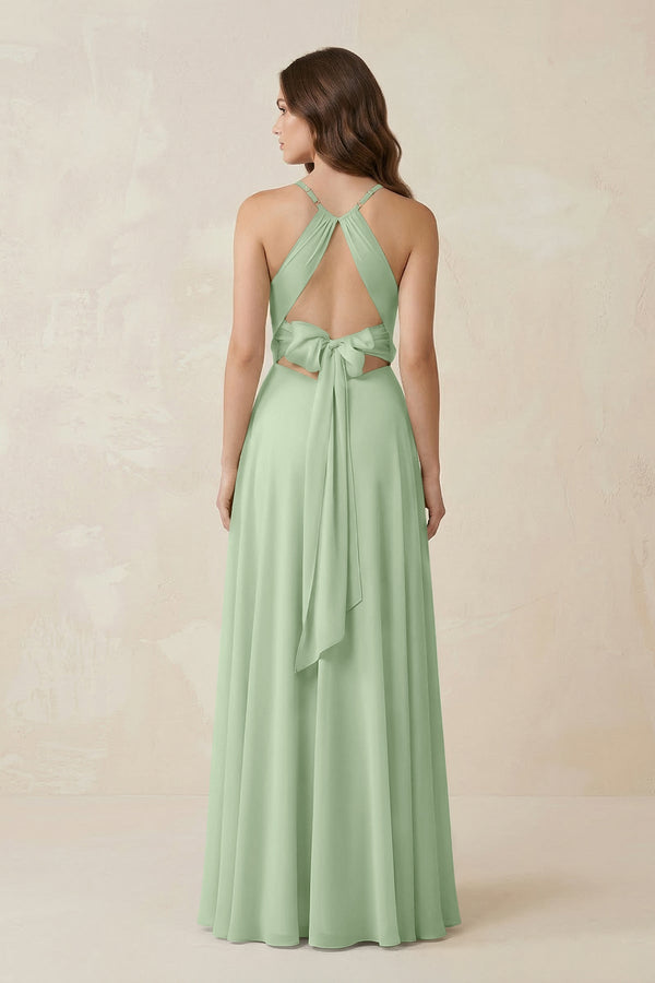 Halter A - Line Chiffon Bridesmaid Dress With Slit in Sage - KissProm Bridesmaid Dresses