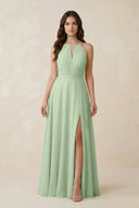 Halter A - Line Chiffon Bridesmaid Dress With Slit in Sage - KissProm Bridesmaid Dresses