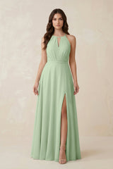 Halter A - Line Chiffon Bridesmaid Dress With Slit in Sage - KissProm Bridesmaid Dresses