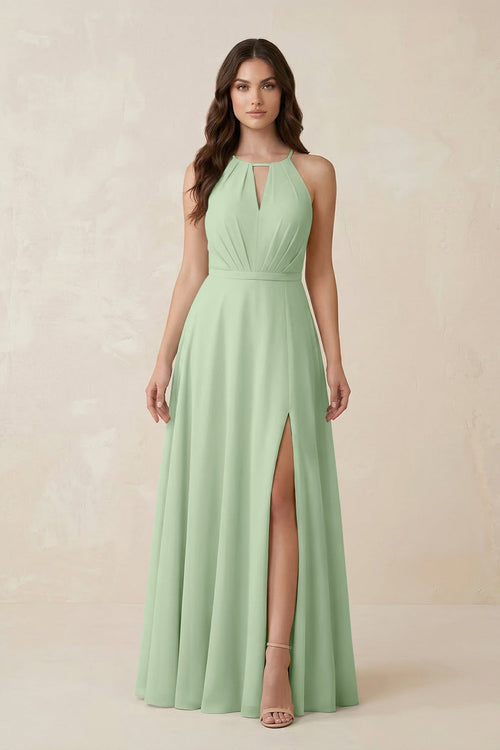 Halter A - Line Chiffon Bridesmaid Dress With Slit in Sage - KissProm Bridesmaid Dresses
