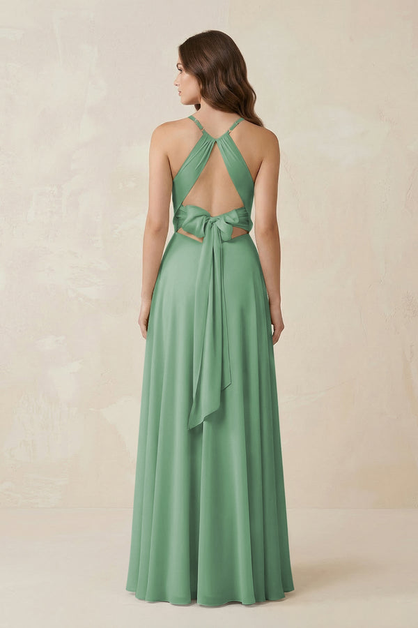 Halter A - Line Chiffon Bridesmaid Dress With Slit in Sea Glass - KissProm Bridesmaid Dresses
