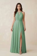 Halter A - Line Chiffon Bridesmaid Dress With Slit in Sea Glass - KissProm Bridesmaid Dresses