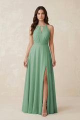 Halter A - Line Chiffon Bridesmaid Dress With Slit in Sea Glass - KissProm Bridesmaid Dresses