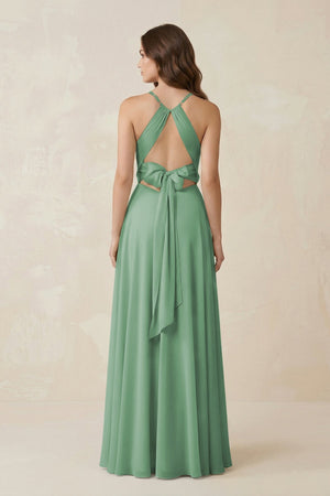 Halter A - Line Chiffon Bridesmaid Dress With Slit in Sea Glass - KissProm Bridesmaid Dresses