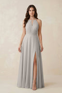Halter A - Line Chiffon Bridesmaid Dress With Slit in Silver - KissProm Bridesmaid Dresses