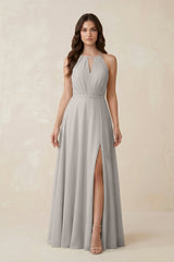 Halter A - Line Chiffon Bridesmaid Dress With Slit in Silver - KissProm Bridesmaid Dresses