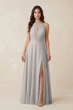Halter A - Line Chiffon Bridesmaid Dress With Slit in Silver - KissProm Bridesmaid Dresses