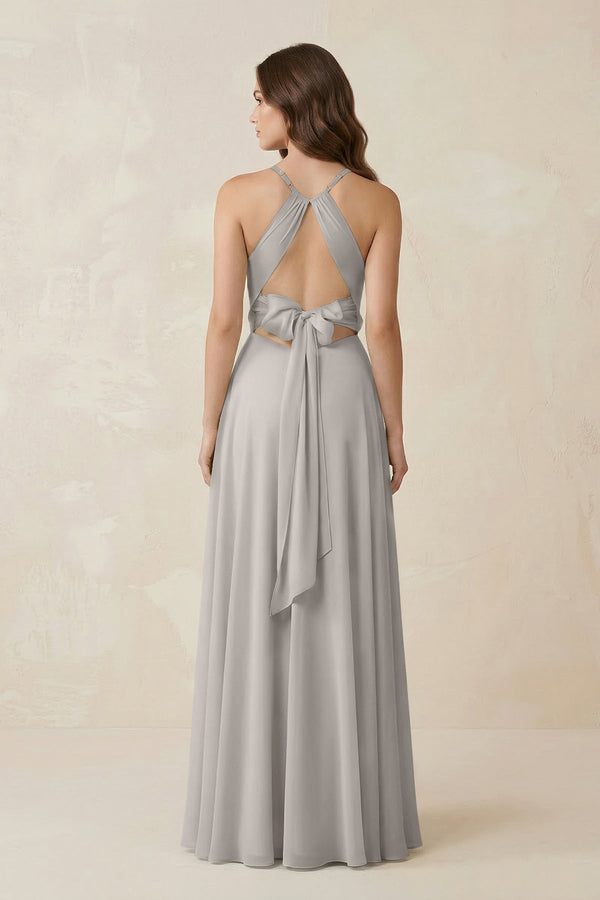 Halter A - Line Chiffon Bridesmaid Dress With Slit in Silver - KissProm Bridesmaid Dresses