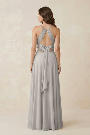 Halter A - Line Chiffon Bridesmaid Dress With Slit in Silver - KissProm Bridesmaid Dresses