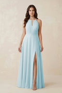Halter A - Line Chiffon Bridesmaid Dress With Slit in Sky Blue - KissProm Bridesmaid Dresses