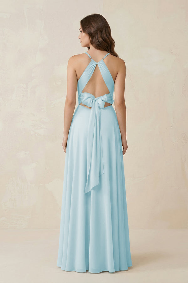 Halter A - Line Chiffon Bridesmaid Dress With Slit in Sky Blue - KissProm Bridesmaid Dresses