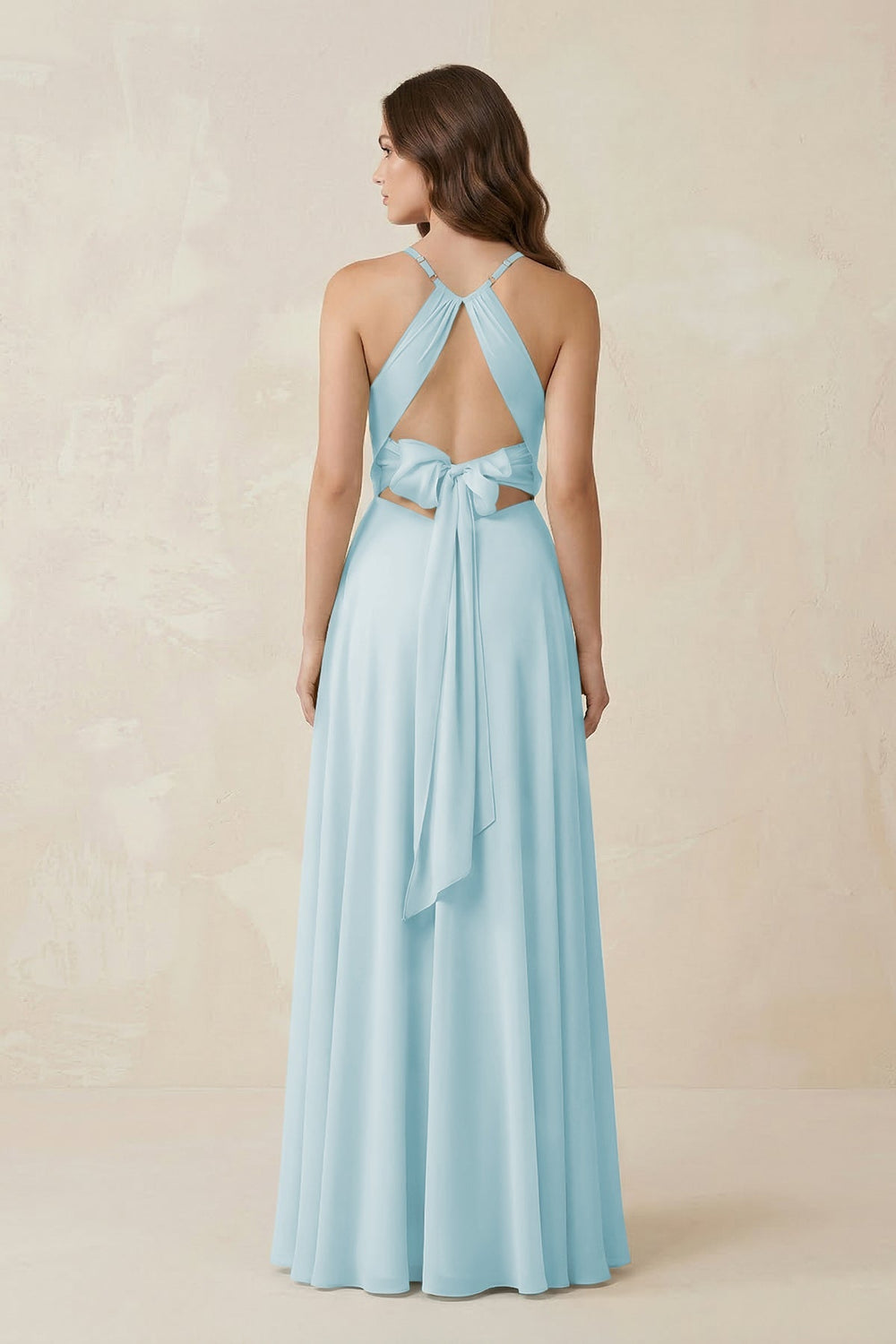 Halter A - Line Chiffon Bridesmaid Dress With Slit in Sky Blue - KissProm Bridesmaid Dresses