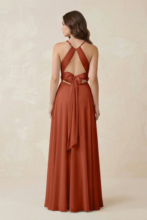 Halter A - Line Chiffon Bridesmaid Dress With Slit in Spice - KissProm Bridesmaid Dresses