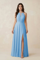 Halter A - Line Chiffon Bridesmaid Dress With Slit in Steel Blue - KissProm Bridesmaid Dresses