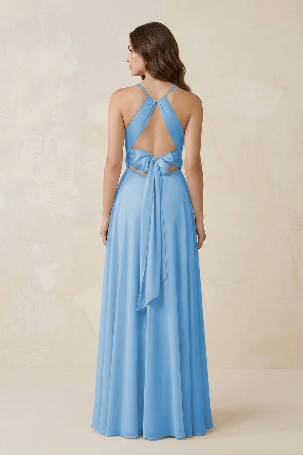 Halter A - Line Chiffon Bridesmaid Dress With Slit in Steel Blue - KissProm Bridesmaid Dresses