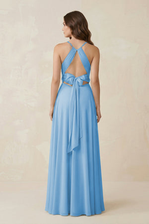 Halter A - Line Chiffon Bridesmaid Dress With Slit in Steel Blue - KissProm Bridesmaid Dresses