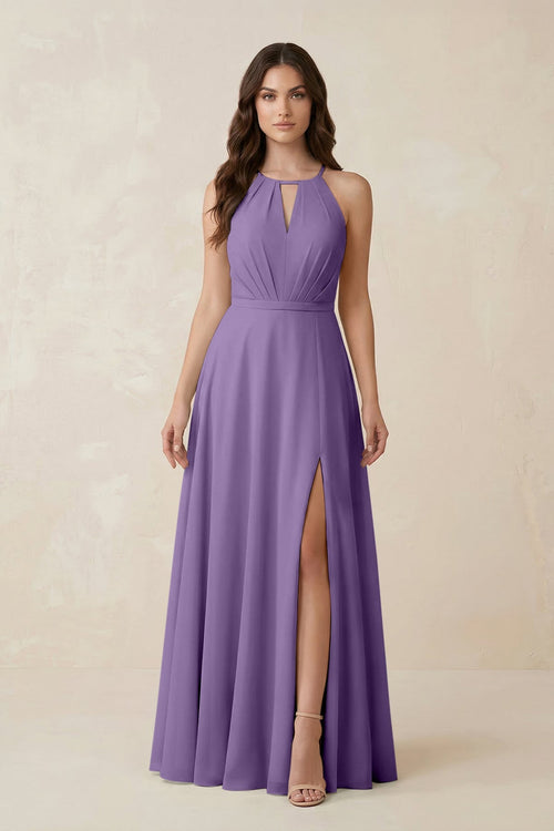 Halter A - Line Chiffon Bridesmaid Dress With Slit in Tahiti - KissProm Bridesmaid Dresses