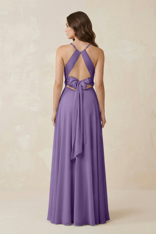 Halter A - Line Chiffon Bridesmaid Dress With Slit in Tahiti - KissProm Bridesmaid Dresses
