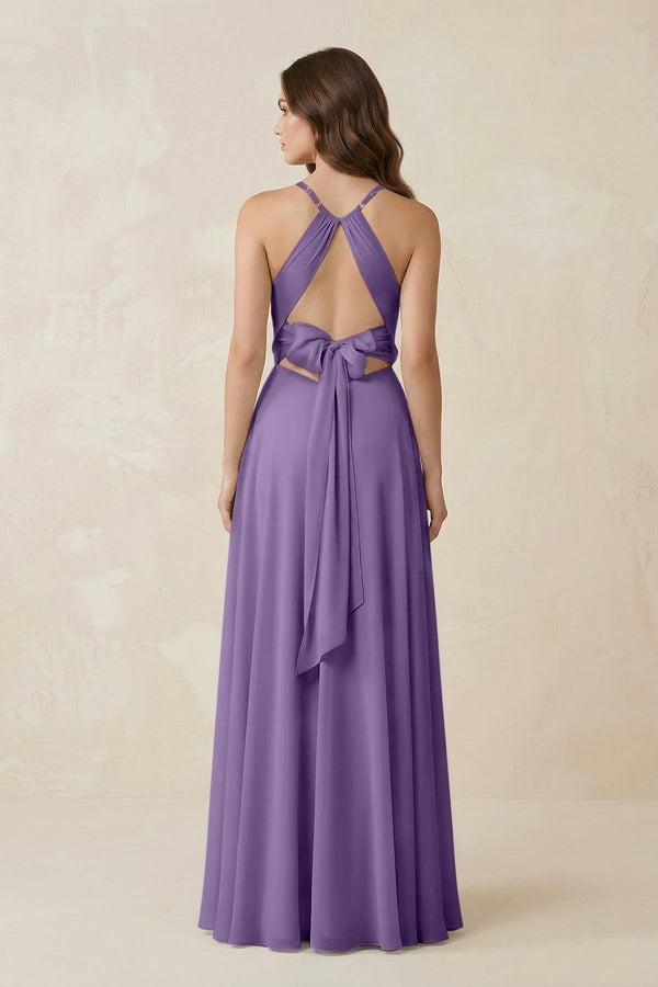 Halter A - Line Chiffon Bridesmaid Dress With Slit in Tahiti - KissProm Bridesmaid Dresses