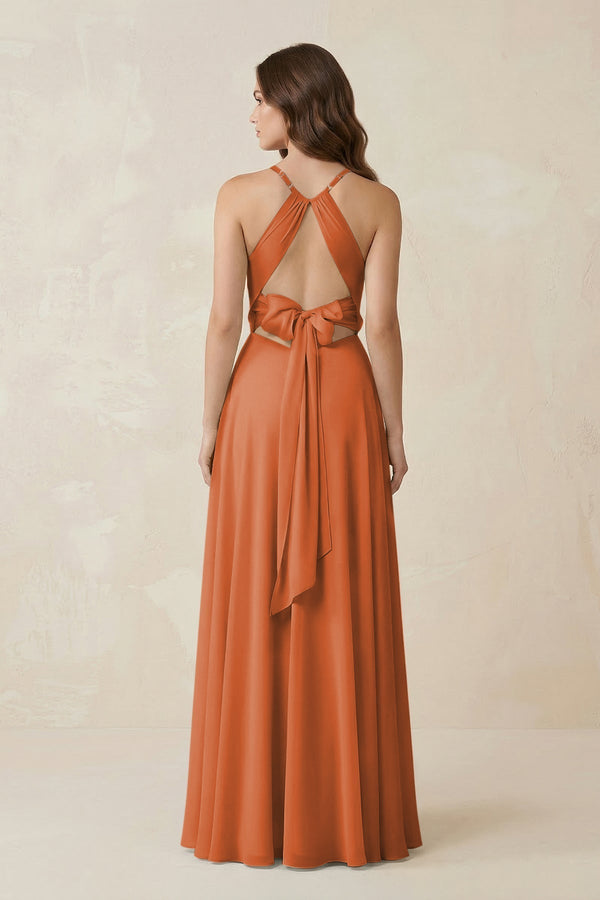 Halter A - Line Chiffon Bridesmaid Dress With Slit in Terracotta - KissProm Bridesmaid Dresses