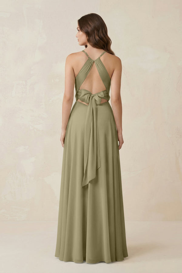 Halter A - Line Chiffon Bridesmaid Dress With Slit in Thyme - KissProm Bridesmaid Dresses