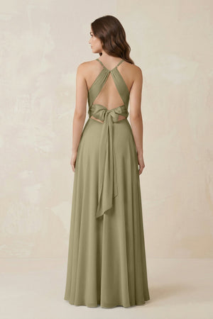 Halter A - Line Chiffon Bridesmaid Dress With Slit in Thyme - KissProm Bridesmaid Dresses