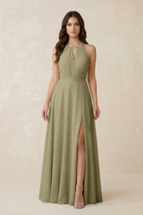 Halter A - Line Chiffon Bridesmaid Dress With Slit in Thyme - KissProm Bridesmaid Dresses