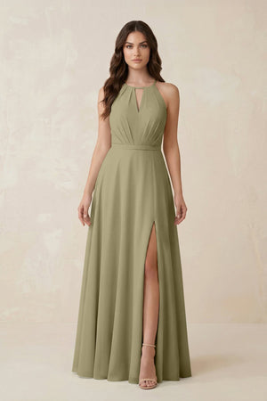Halter A - Line Chiffon Bridesmaid Dress With Slit in Thyme - KissProm Bridesmaid Dresses