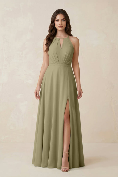 Halter A - Line Chiffon Bridesmaid Dress With Slit in Thyme - KissProm Bridesmaid Dresses