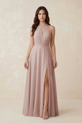 Halter A - Line Chiffon Bridesmaid Dress With Slit in Toffee - KissProm Bridesmaid Dresses