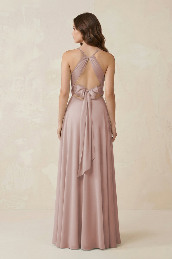 Halter A - Line Chiffon Bridesmaid Dress With Slit in Toffee - KissProm Bridesmaid Dresses