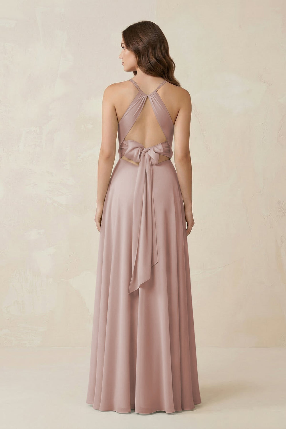 Halter A - Line Chiffon Bridesmaid Dress With Slit in Toffee - KissProm Bridesmaid Dresses
