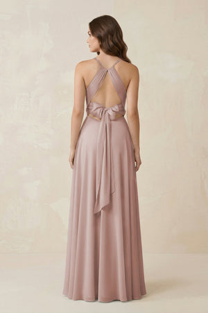 Halter A - Line Chiffon Bridesmaid Dress With Slit in Toffee - KissProm Bridesmaid Dresses