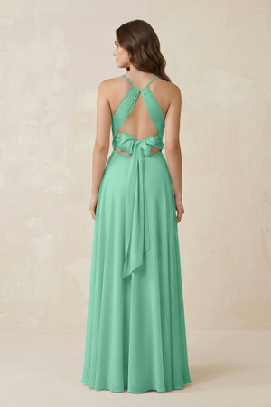 Halter A - Line Chiffon Bridesmaid Dress With Slit in Turquoise - KissProm Bridesmaid Dresses
