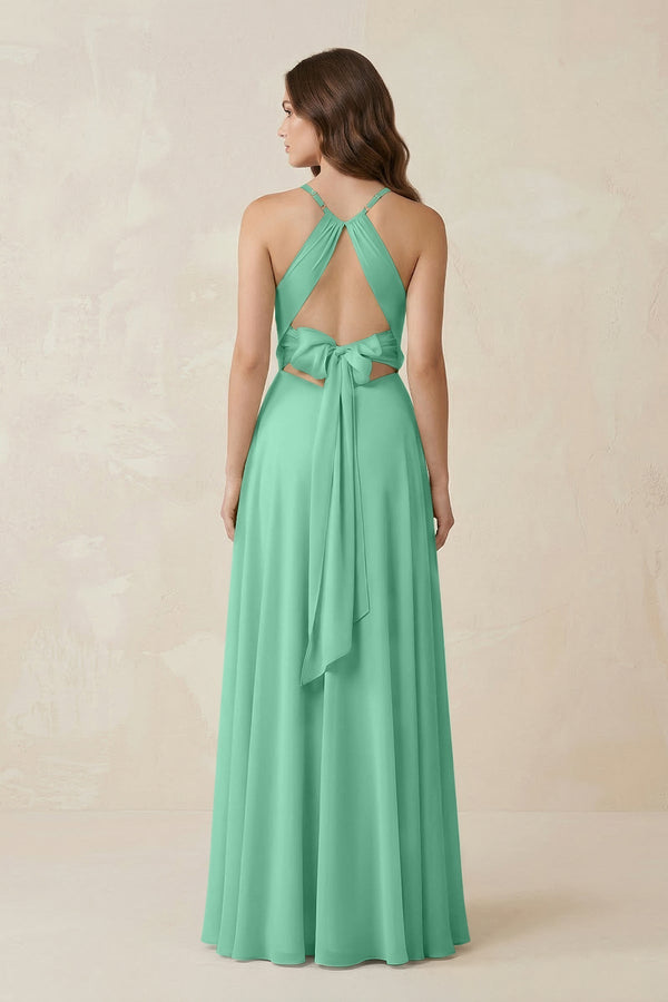 Halter A - Line Chiffon Bridesmaid Dress With Slit in Turquoise - KissProm Bridesmaid Dresses