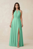 Halter A - Line Chiffon Bridesmaid Dress With Slit in Turquoise - KissProm Bridesmaid Dresses