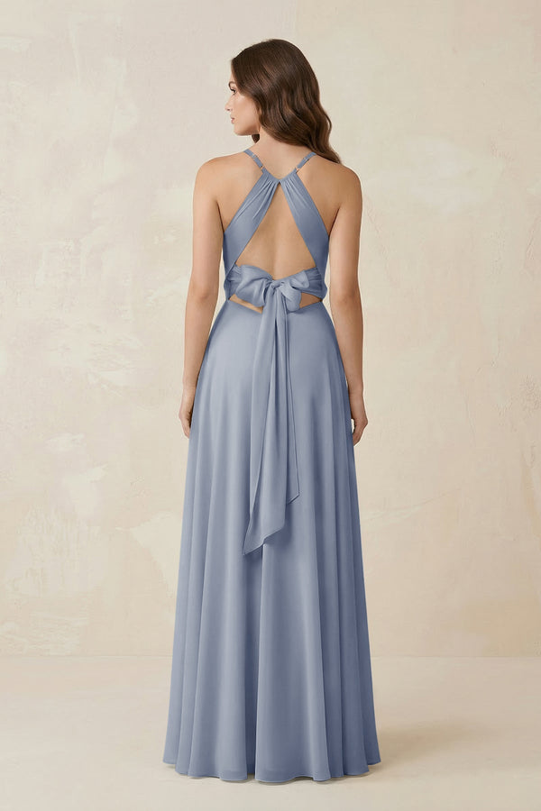 Halter A - Line Chiffon Bridesmaid Dress With Slit in Twilight - KissProm Bridesmaid Dresses