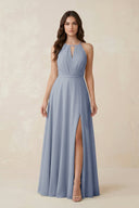 Halter A - Line Chiffon Bridesmaid Dress With Slit in Twilight - KissProm Bridesmaid Dresses