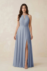 Halter A - Line Chiffon Bridesmaid Dress With Slit in Twilight - KissProm Bridesmaid Dresses