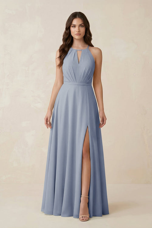 Halter A - Line Chiffon Bridesmaid Dress With Slit in Twilight - KissProm Bridesmaid Dresses