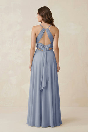 Halter A - Line Chiffon Bridesmaid Dress With Slit in Twilight - KissProm Bridesmaid Dresses