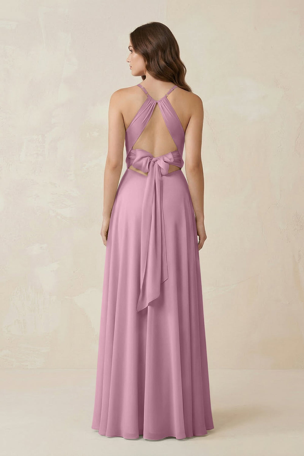Halter A - Line Chiffon Bridesmaid Dress With Slit in Vintage Mauve - KissProm Bridesmaid Dresses