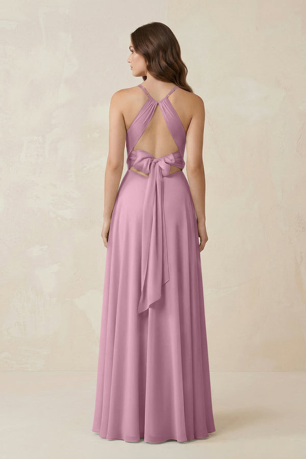 Halter A - Line Chiffon Bridesmaid Dress With Slit in Vintage Mauve - KissProm Bridesmaid Dresses