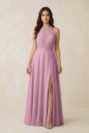 Halter A - Line Chiffon Bridesmaid Dress With Slit in Vintage Mauve - KissProm Bridesmaid Dresses