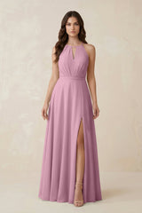 Halter A - Line Chiffon Bridesmaid Dress With Slit in Vintage Mauve - KissProm Bridesmaid Dresses
