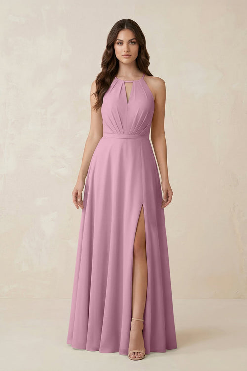 Halter A - Line Chiffon Bridesmaid Dress With Slit in Vintage Mauve - KissProm Bridesmaid Dresses